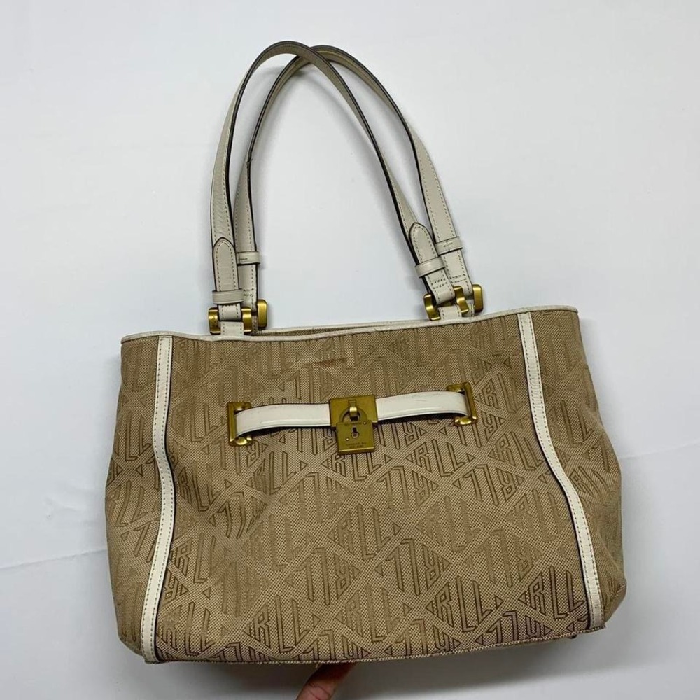 Ralph Lauren Beige Monogram Canvas Tote with White Trim